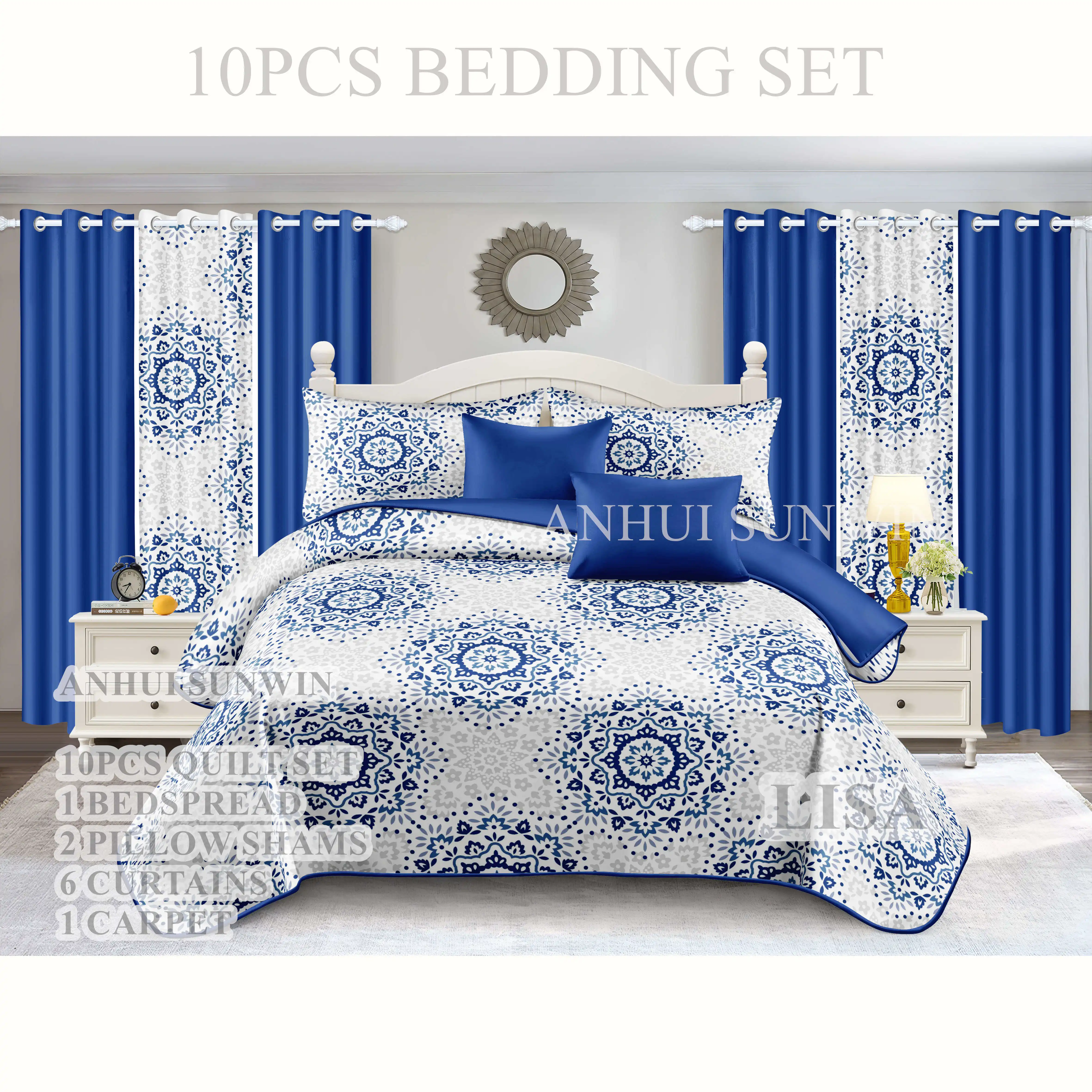 American Style King 6PCS Bedspread Set Polyester Wedding Red Flower Printed 10PCS Curtain Bedding Set