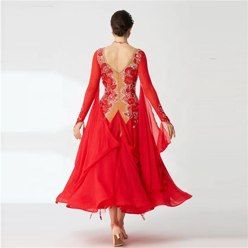 B-2019 Custom smooth dance dresses high quality competition red chiffon ballroom dance dresses from China