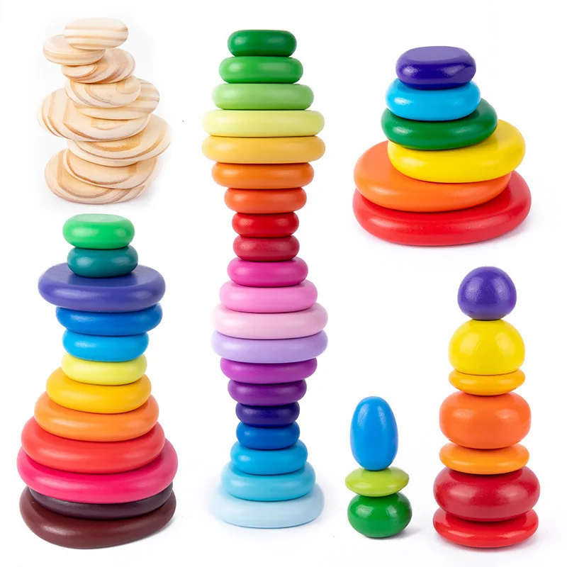 Kids Creative Wooden Rainbow Stone Stacker Wooden Colorful Rainbow Blocks Wooden Toys Stacking Montessori Educational Toy