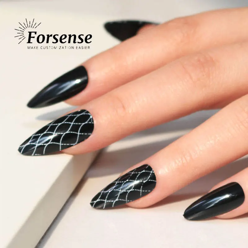chic almond shape black press on nails women 24 pcs self-adhesive stiletto artificial finger press-on nail false nails with glue