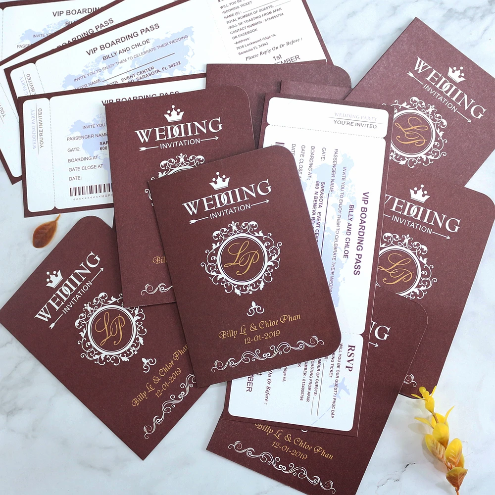 2020 Creative Design Visa Wedding Invitation Letter Engagement Party Invite Cards with Passport RSVP Suite