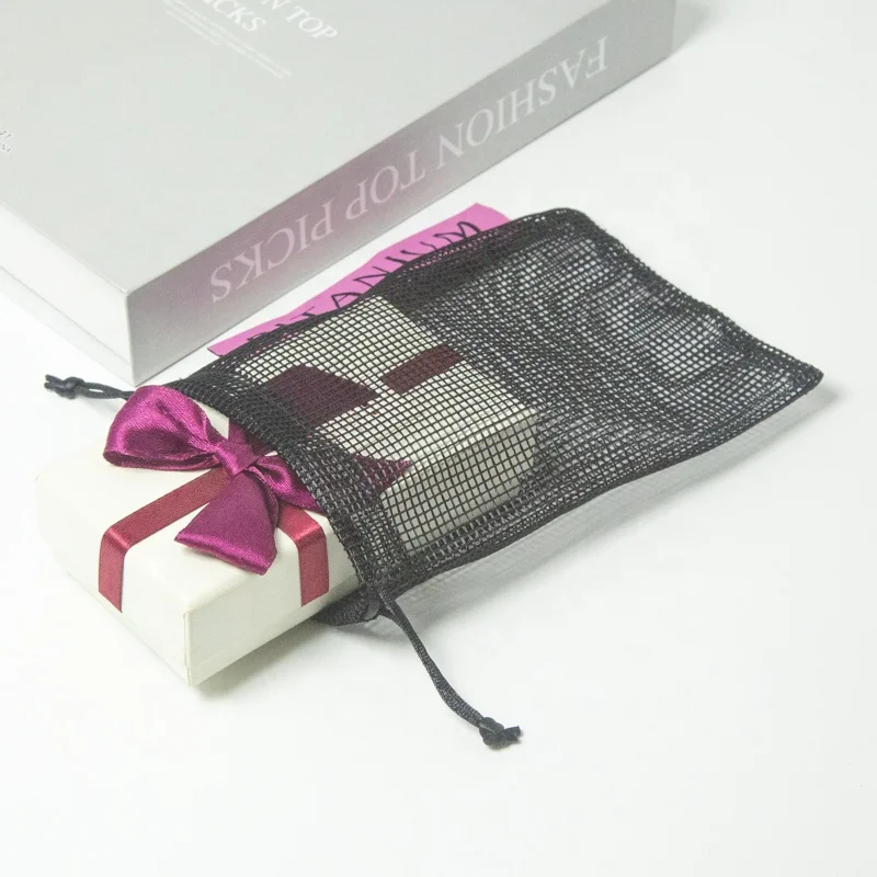 Custom Label Black Reusable Mesh Bag With Drawstring Packaging Vegetable Fruit