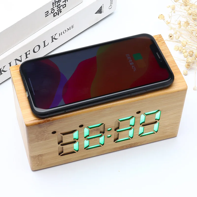 Bamboo Digital Desktop Alarm Led Wooden Table Clock with Wireless Charger