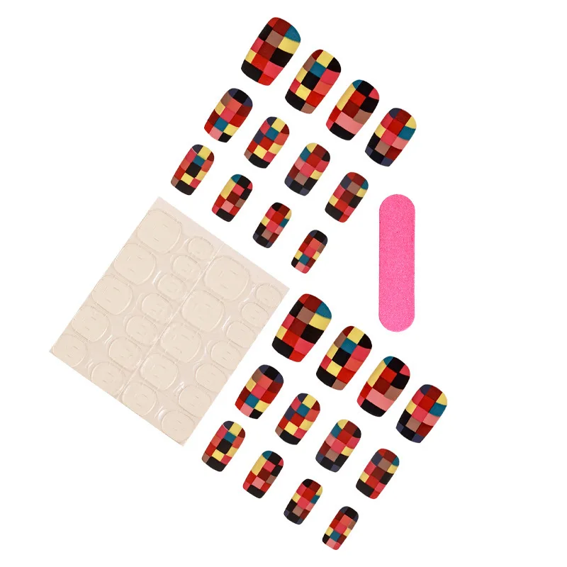 Press on Nails Medium Length Square Matte Fake Nails Full Cover Artificial Nails with Colourful Mosaic Design