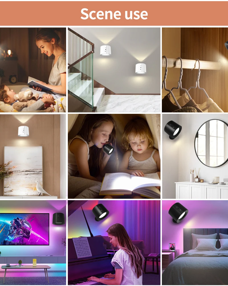 LED Wall Light Rechargeable Wireless Battery Operated Wall Sconces White 360 Rotating Magnetic Wall Mounted Lamp for Bedside