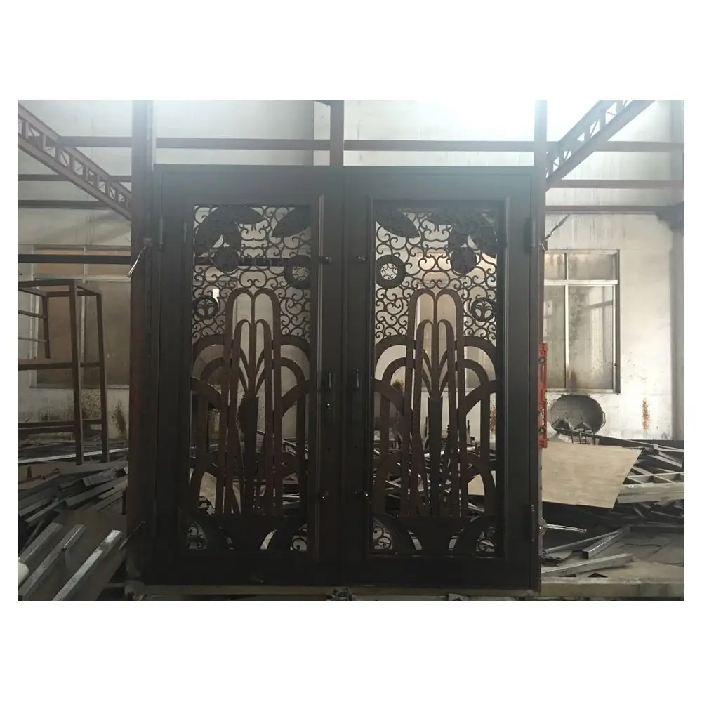 Prima Exterior metal black Villa Main Entry Door New Design Arch Decorative Grille Double Wrought Iron Entrance Front Doors