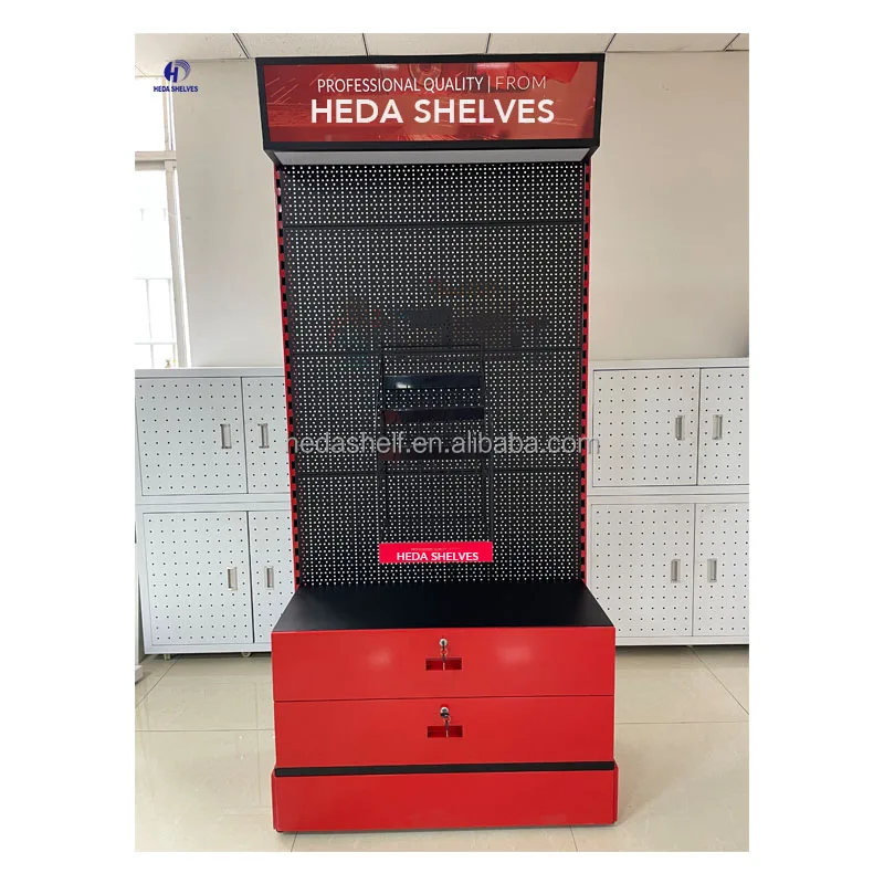 Storage Shelves Red Display Racks Supermarket Store Shelves Metal Display Stand for Tools and Hardware Pegboard Display