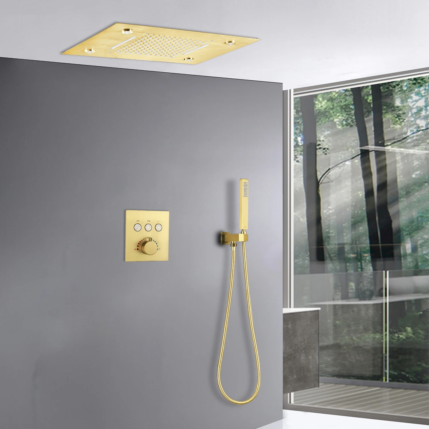 Ceiling Shower System 20x14 Inch Large LED Shower Head Rain Waterfall Bath Gold Faucets Set With Thermostatic Mixer Valve