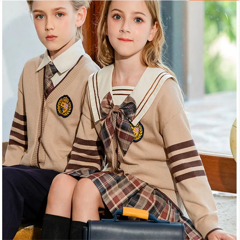 custom logo international primary school high school children kids unisex  v neck school cardigan sweater uniforms