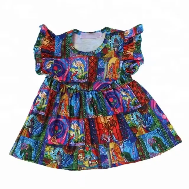 Customized OEM New Trending Kids Western Cartoon Pattern Print Lantern Sleeve Dress Baby Girls Button Back High Waist Dresses