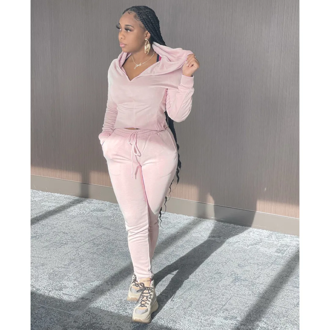 Hot Sale R12088 - Autumn Winter Casual Solid Color Hoodie And Pants Women Sporting Suits