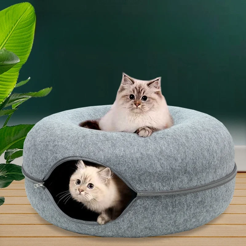 Wholesale Custom Cat Cave Tunnel Donut Pet Cat House Large Donut Design Tunnel Play Zipper Design Felt Cat Bed polyester
