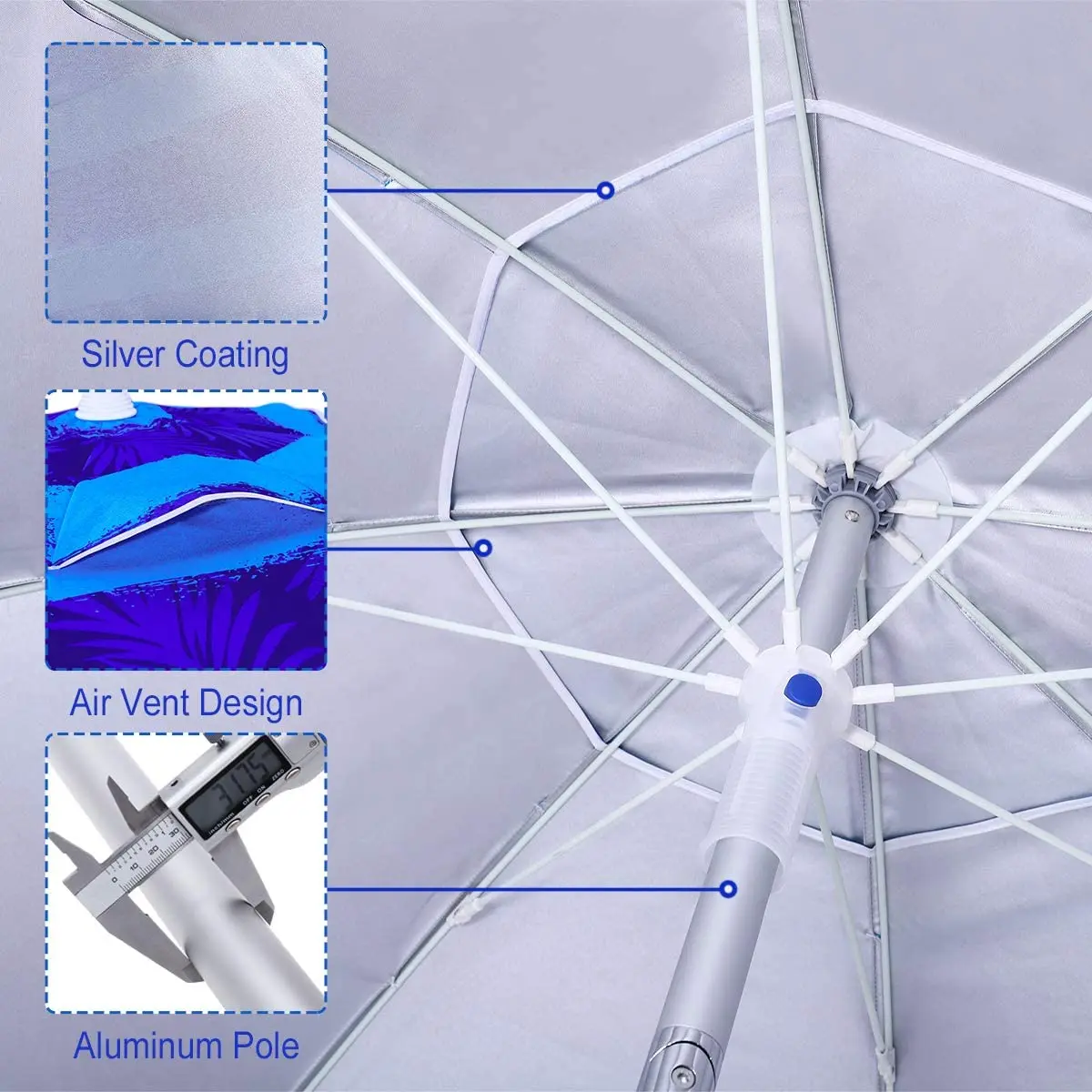 7 ft Sand Anchor Beach Umbrella Adjustable Height with air vent Zinc Tilt Twist-in System UPF 50+ Silver Coating Inside