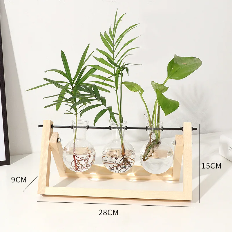 Creative tabletop decoration wood frame ins style unique retro vintage plants hydroponic ware small glass flower vase