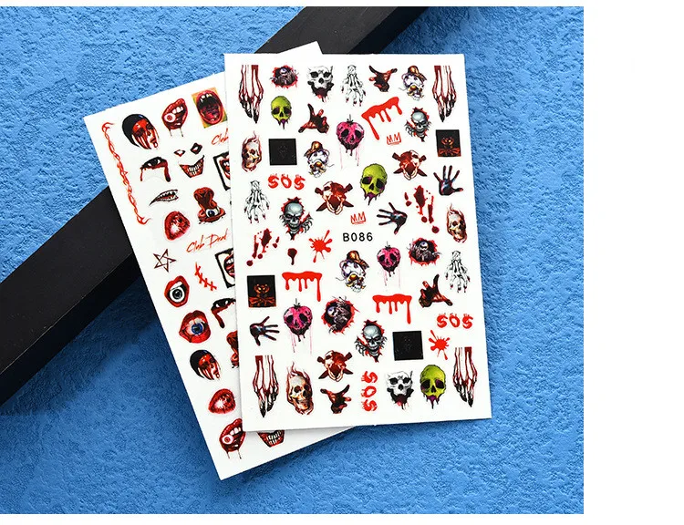 Wholesale 12 Design Halloween Nail Stickers Skull Nail Decals Strap Glue 3D Nail Stickers