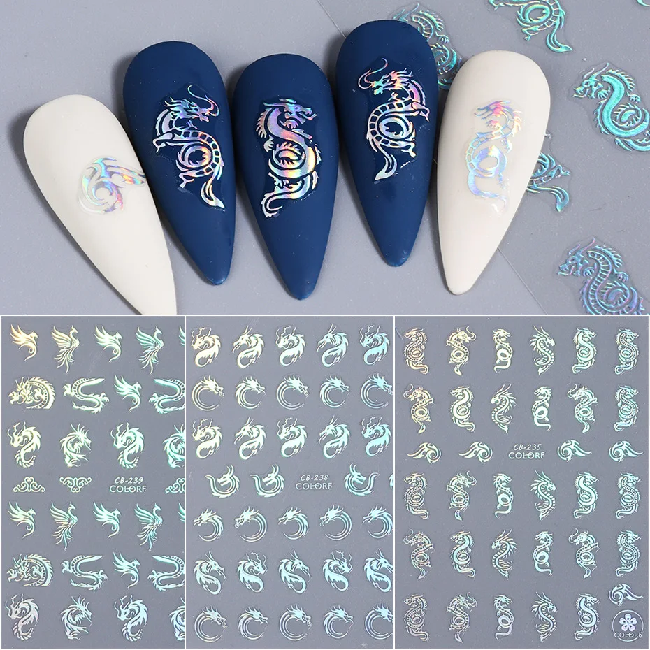 Nail Decoration Festival Laser Chinese Character Nail Art Sticker 3D Glitter Dragon Nail Sticker
