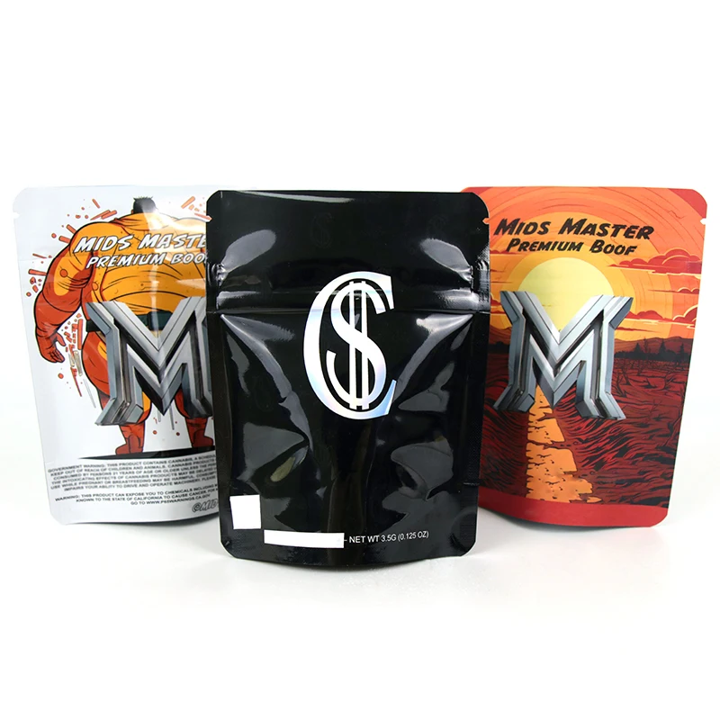 High Quality Glossy Resealable Ziplock Stand-Up Pouch 3.5g Plastic Packaging Custom Printed Mylar Smellproof Edible Food Safe