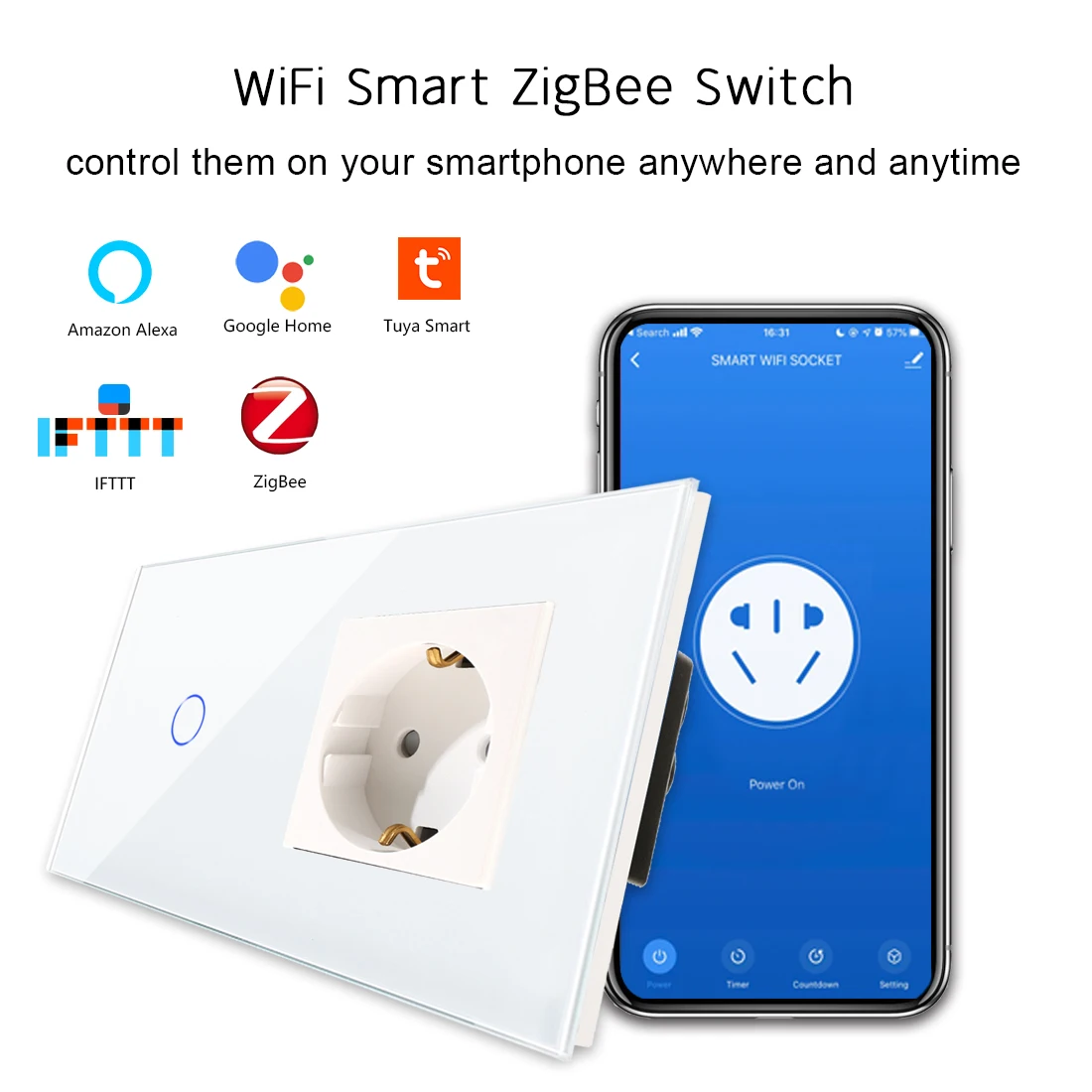 Bingoelec EU zigbee Smart Life  Control 16A Germany Glass Panel  pop Socket plug socket