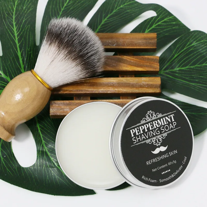 Custom Private Label Rich Foam Natural Plant Cheap Hotel Mens Peppermint Beard Shaving Soap Cream with Brush For Smooth Shave