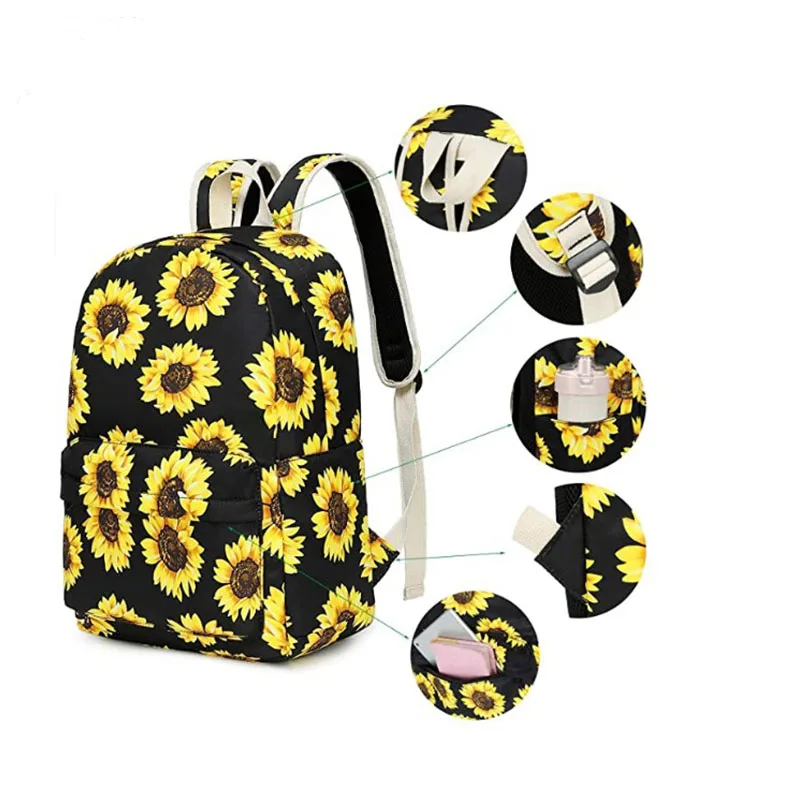 Designer Backpack For School Children Wholesale Girls Canvas Kid Sunflower Backpack Set And Lunch Bag
