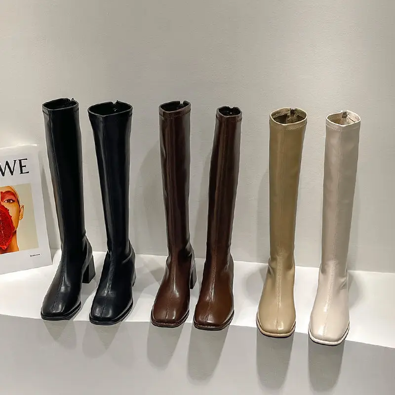 2023 Hot Selling Square Toe Chunky Heel Knee High Boots Fashion Back Zipper Leather Long Boots For Women