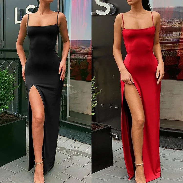 YQ174 Wholesale Fashion Summer Elegant High Split Dress Spaghetti Strap Maxi Sleeveless dresses Bodycon sexy women casual dress