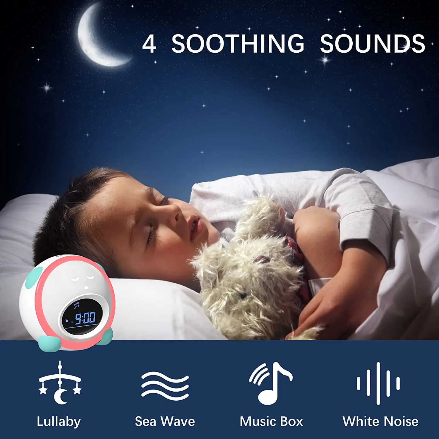 Kids Baby Cartoon Bear Shape Cartoon Sleep Trainer Sound Machine Table LED Lights with Nap Timer Alarm Clock