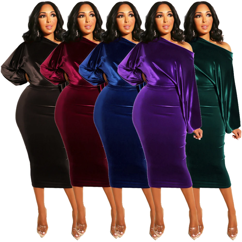 2021 Wholesale Fall Fashion One Shoulder Bodycon Woman Puff Sleeve Velvet Club Dress