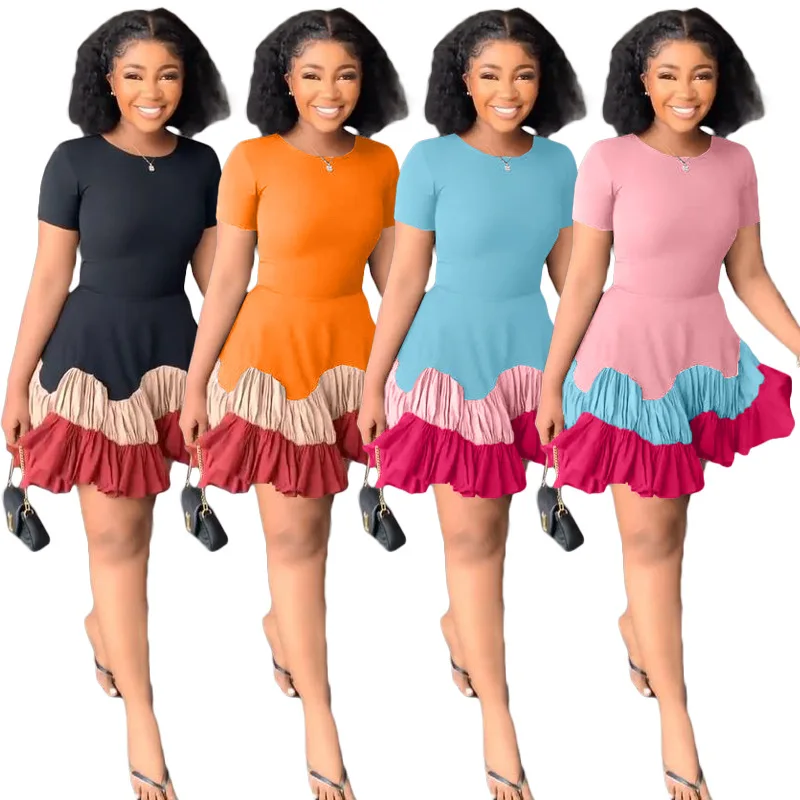 Fashion Design Summer Women Clothes Ruffled Pleated Short Sleeve Solid Color Splicing Casual Dresses