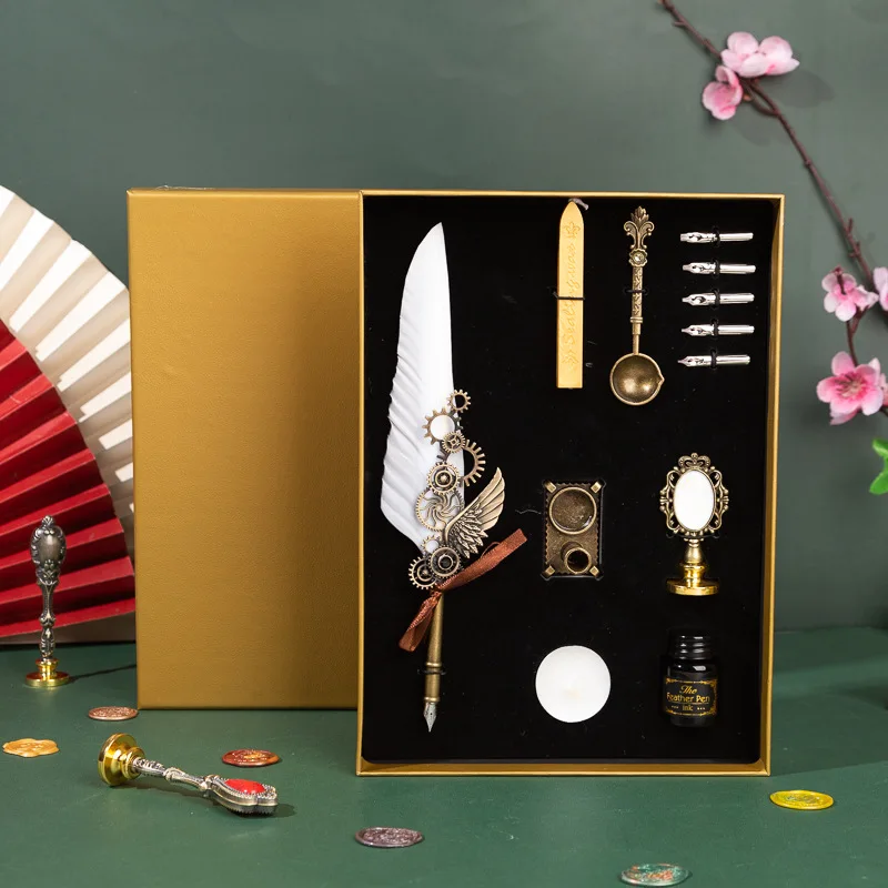 European retro wing set goose feather quill set sprinkled gold multi-purpose dip pen pen set handy gift