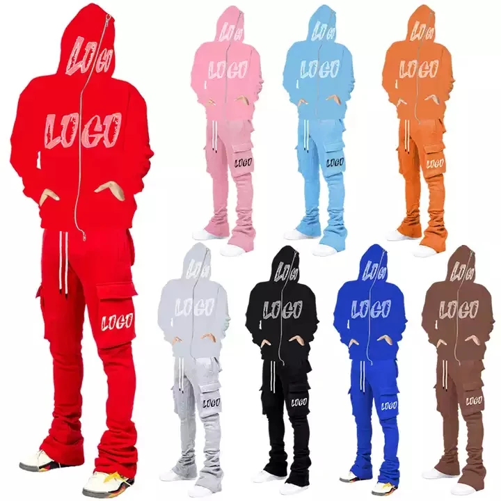 Men Tracksuit Full Zipper Outerwear Hoodie Stacked Pants 2 Pieces Set Autumn Sporting Track Suit Male Fitness Jogging Suit