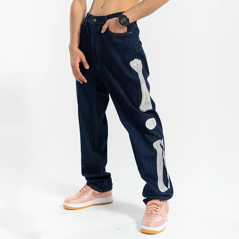 
male denim fashion straight embroidered Wholesale baggy jeans blue straight leg jeans young people American baggy jeans 
