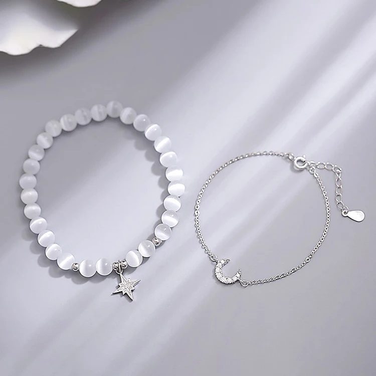 Romantic Opal Brass Glass Beads Double Layer Zircon Moon Star Bracelet
