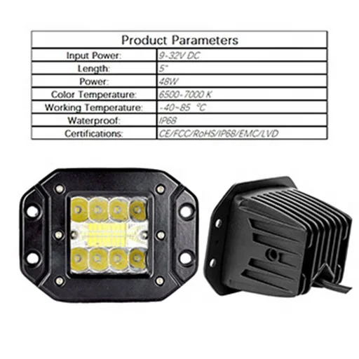  High Brightness 5 INCH 48W Led Square Aluminum Work Lamp 6000K-7000K Pure White For Construction Tractor Excavator