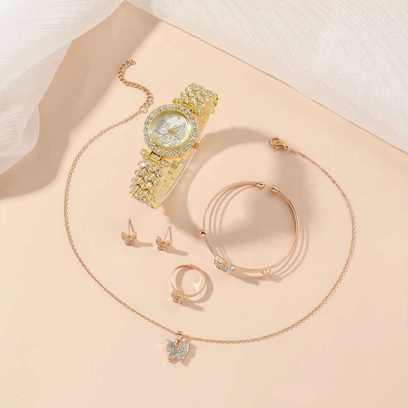 Fancy Ice Out Shiny Diamond Butterflies Ring Earrings Necklace Bracelet Watch Gift Set For Women