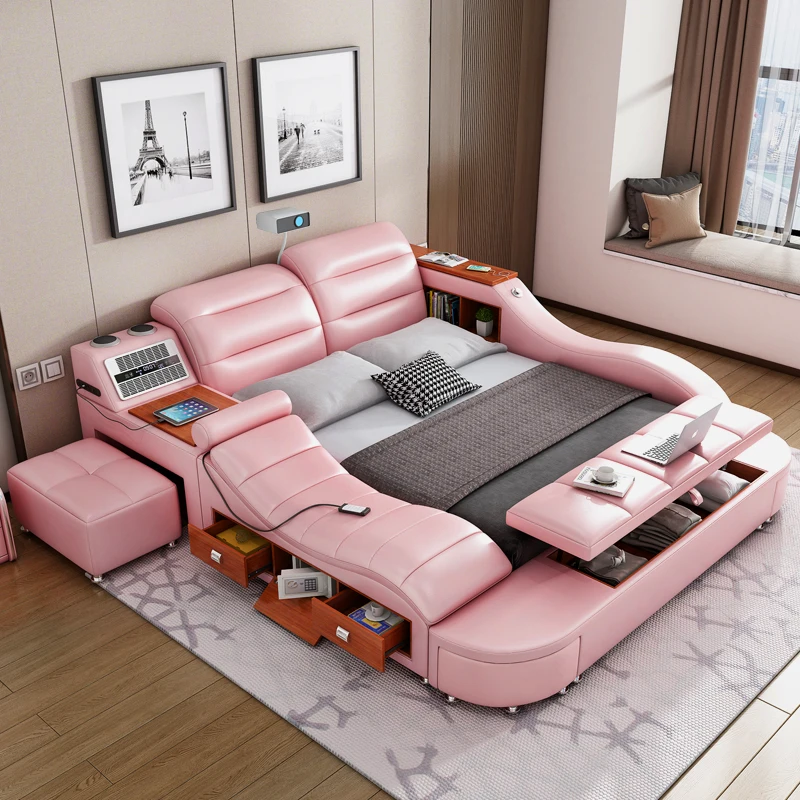 Custom modern leather luxury smart bed with massage music, tatami bed on multi-functional bedroom furniture