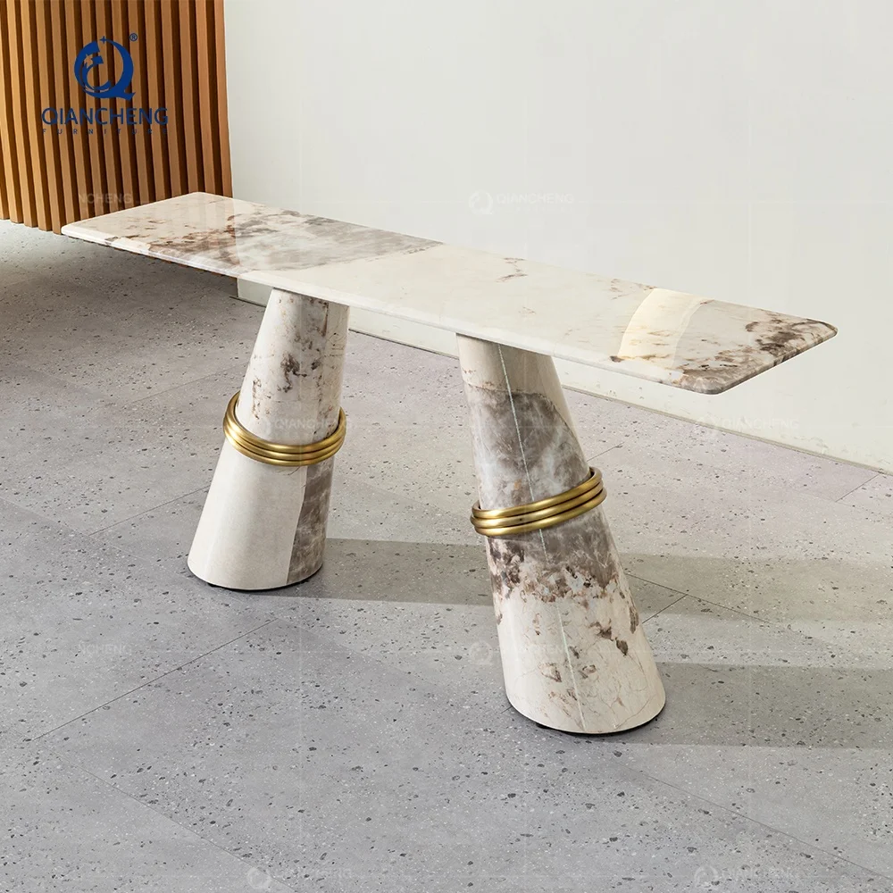QIANCHENG foshan factory hallway decor living room real marble stone french country living room mirrored console table