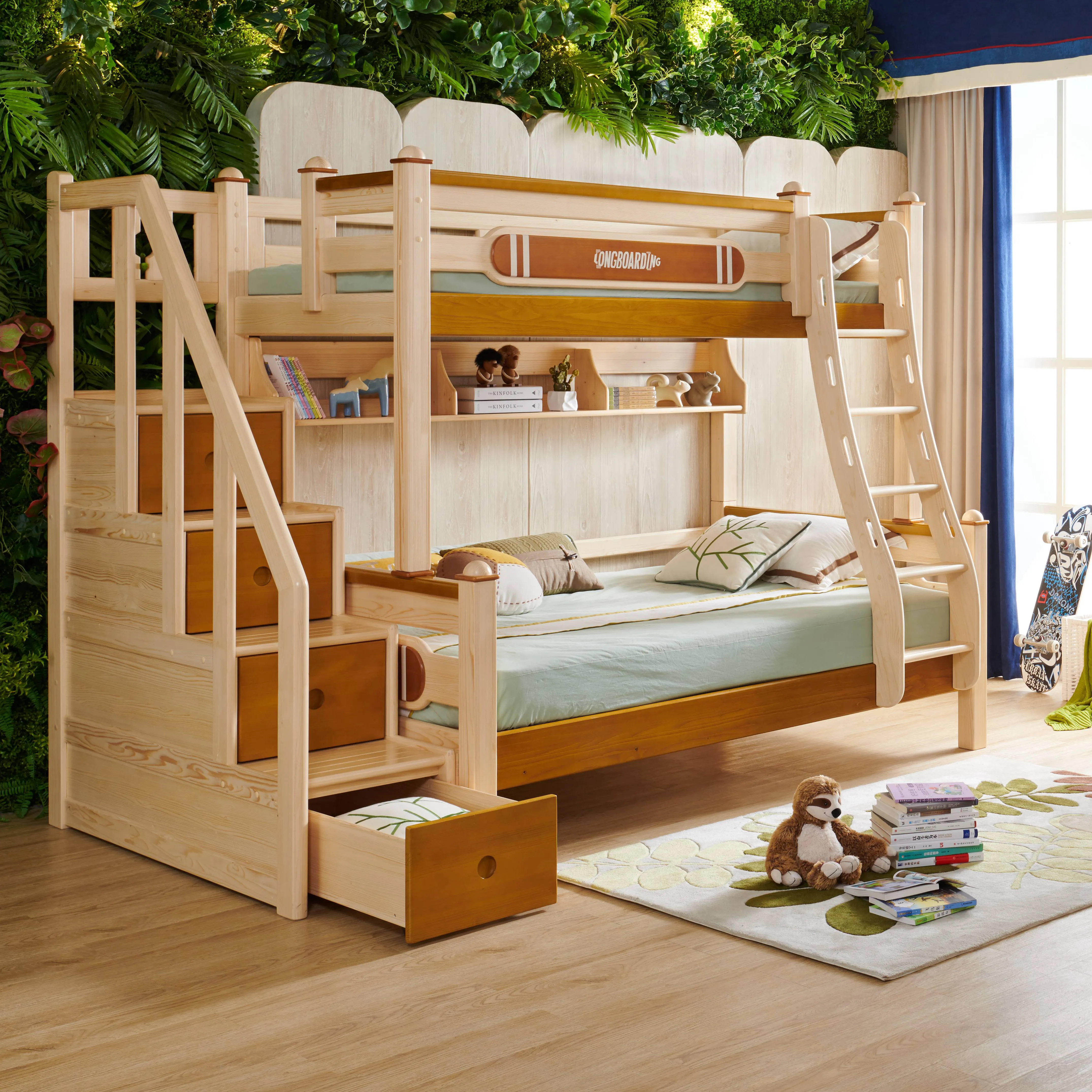 Twin Loft sleeping space+1 bed for whole family +  functional kids bed with storages