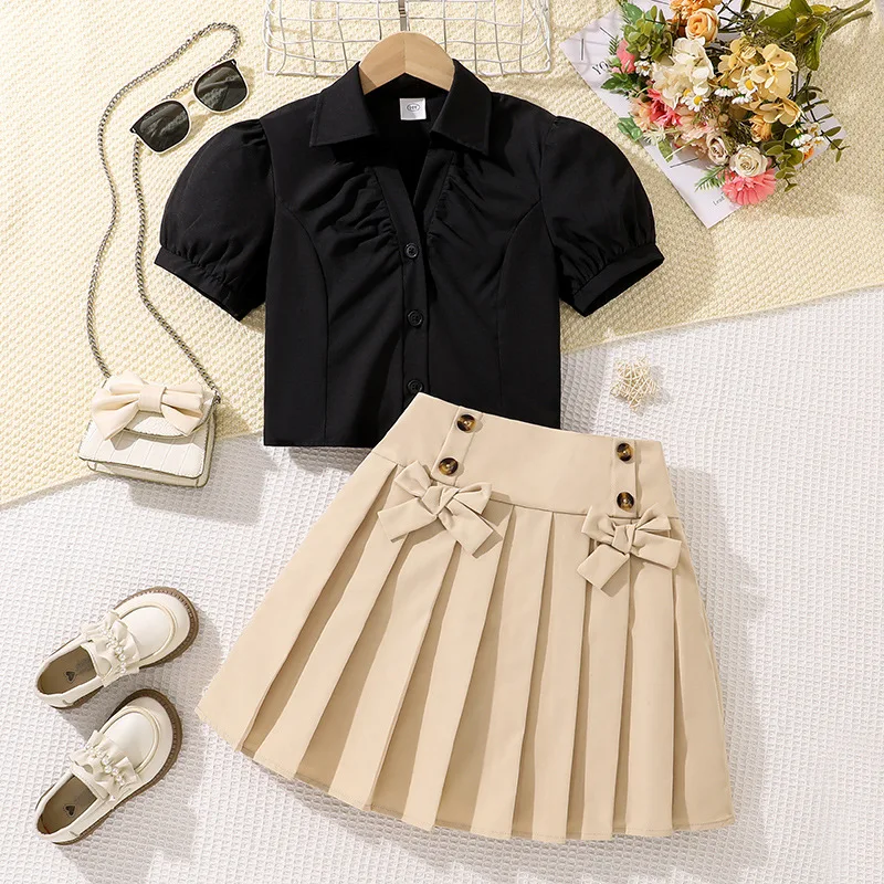 Fashionable Summer Youth ClothingBlack Short Sleeved ShirtPleated Bow Skirt Suitable For Girls Aged 8 To 12