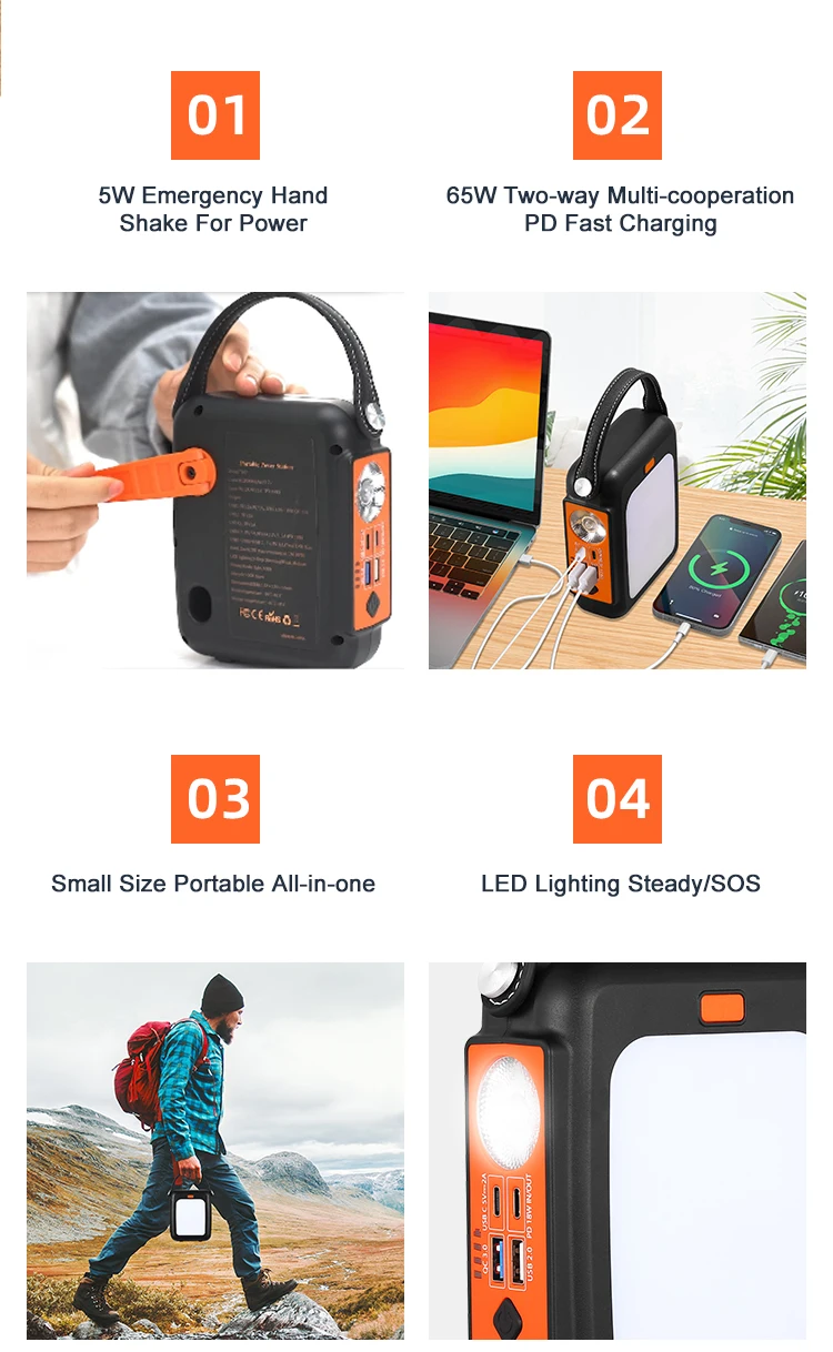 outdoor portable large capacity 20000Mah power bank PD fast charge Hand crank emergency