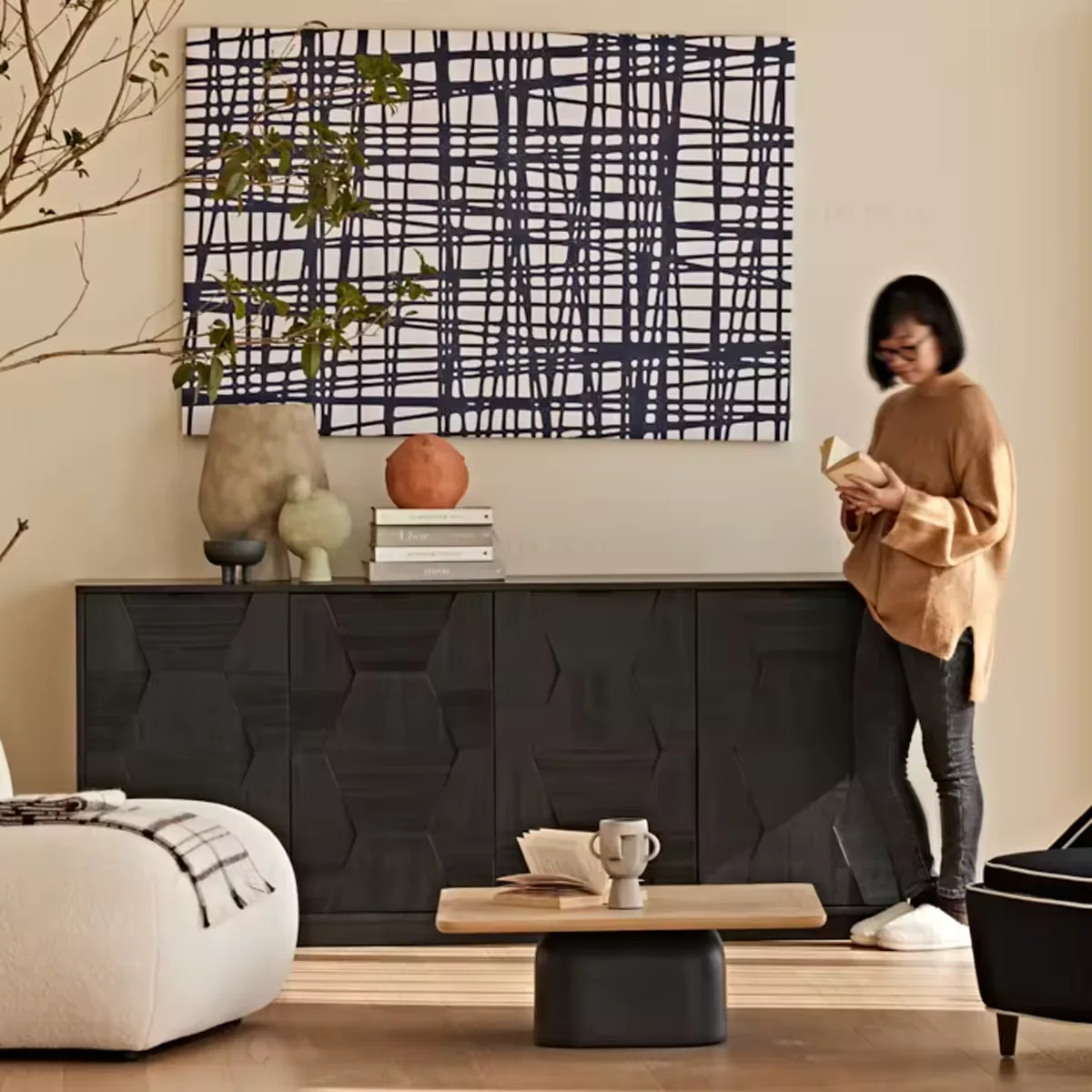 Modern Japandi Solid Pine Birch Wood Sideboard New Farmhouse Furniture Home Hotel Japanese Dining Living Room Storage Cabinets