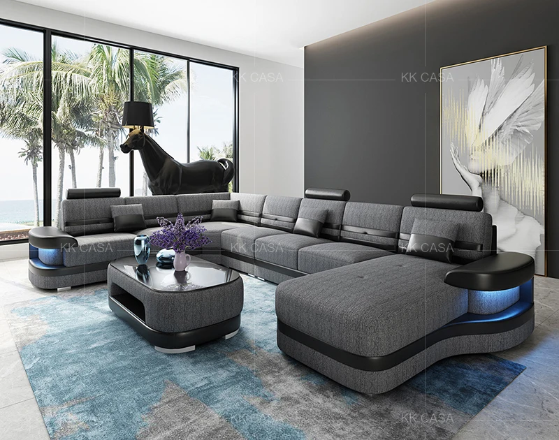 Luxury Modern Design Living Room Furniture Sets Stainless Steel Italian Leather U shaped Sofa 7 seater Set