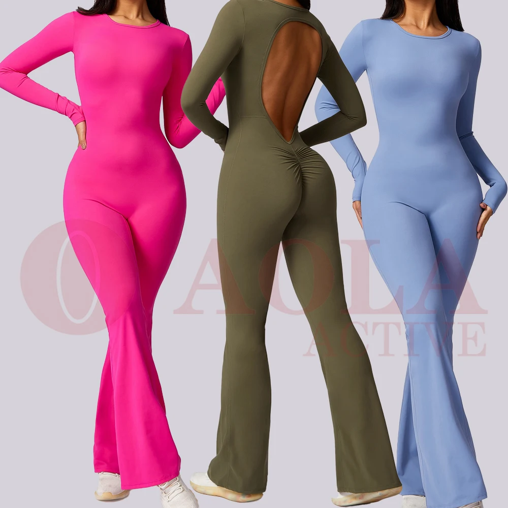 AOLA Women Long Sleeve Stretch Compression Hollow Scrunch Back Jumpsuit Without Padding