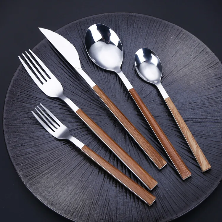 Flatware Spoon Fork Knife Stainless Steel Wooden Plating Handle Cutlery Set