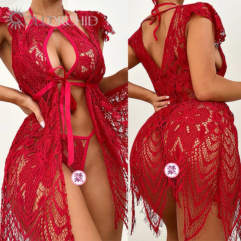 Wholesale nightwear gold orchid lingerie women sexy women embroidery lace two piece halter neck lingerie sets with robe
