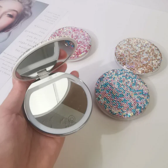 bling luxury diamond round LED rechargeable cosmetic compact pocket makeup mirror