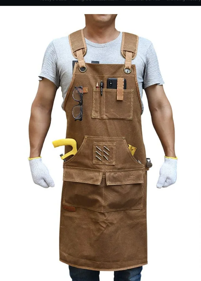 Oil wax canvas tool apron with magnet carpenter cobbler maintenance room mechanic training whole body cool man