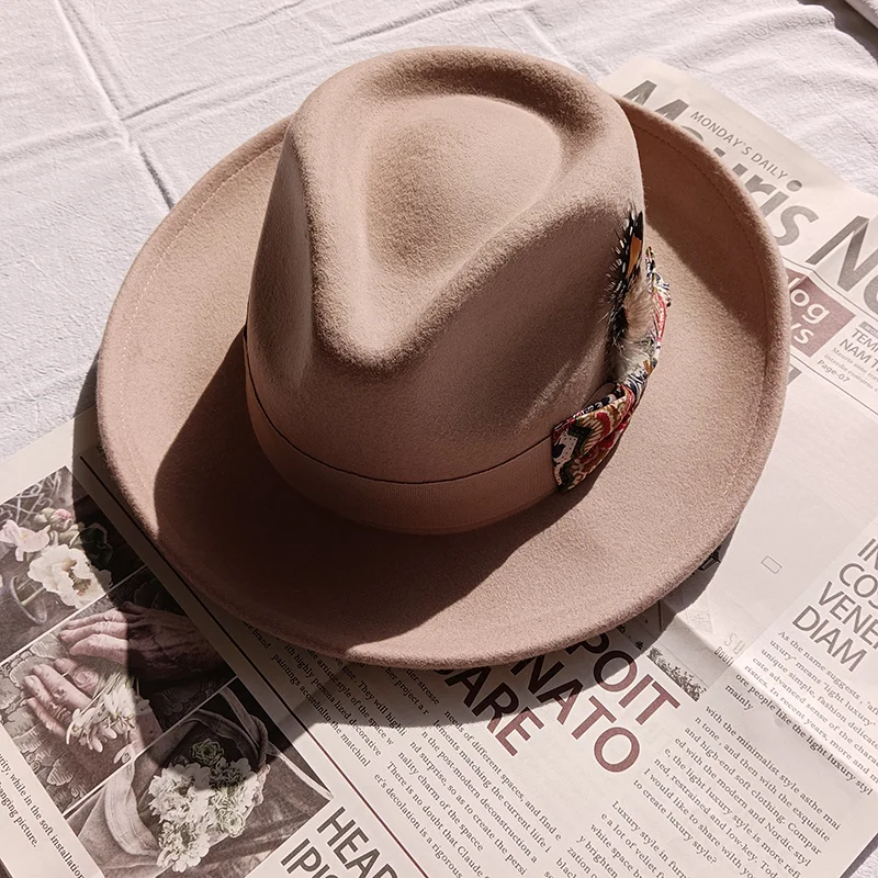 Fashion Teardrop Style Crown Sombrero Wool Felt Fedora Hats with Feather