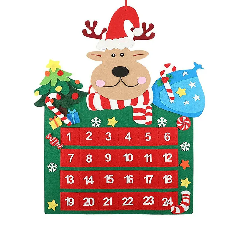 Christmas Felt Hanging Advent Calendar Reusable 24 Days Felt Christmas Reindeer Countdown Calendar