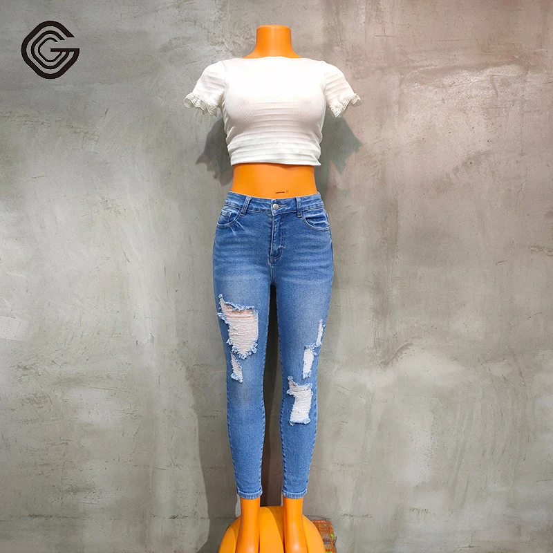 Оптовая продажа светло-голубые облегающие джинсы до щиколотки с высокой посадкой для